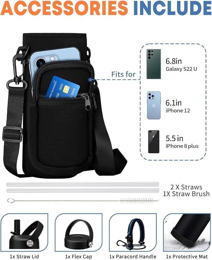 40oz Insualted Water Bottle Leak Proof Stainless Steel Flask Water Bottles with Straw Flex Lid, Survival Paracord, Shoulder Carrier Bag, Metal Hydro Water Flask Mug Sports Hiking Cycling Work