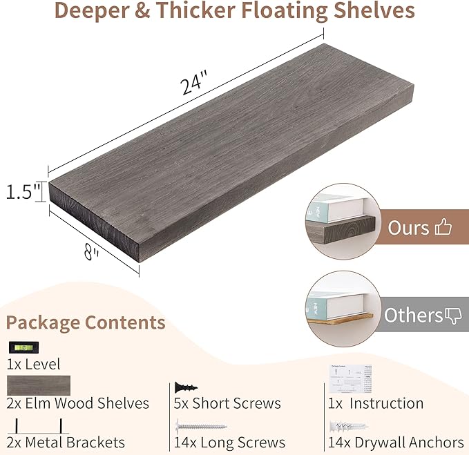 Axeman Floating Shelves for Wall, 24''W x 8'' D Rustic Solid Elm Wood Shelves for Storage, Wall Mounted Display Shelving with Invisible Heavy-Duty Metal Bracket (Grey, 2PCs)