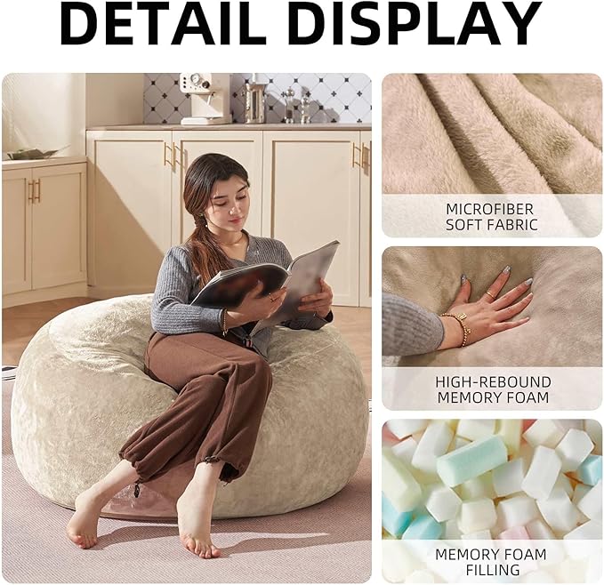 Bean Bag Chair 3Ft, Memory Foam Filled, Large Beanbag Chairs for Adults and Teens, Soft Sofa with Removable Flannel Cover, Round Couch for Living Room Bedroom College Dorm (Apricot, 3FT-36×36"×24")