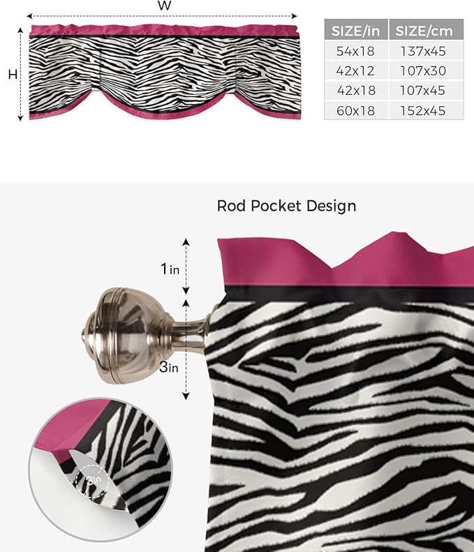 Animal Zebra Print Blackout Tie Up Valance Curtains for Kitchen Windows Black White Pink Window Toppers Balloon Shades for Living Room/Bathroom/Bedroom,1 Panel,60" X 18"