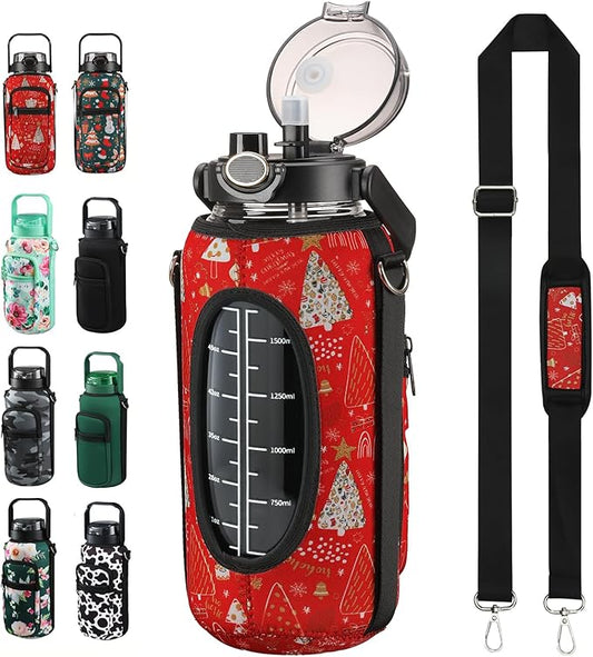 64 oz Glass Water Bottle with Straw and Sleeve Half Gallon Motivational Water Bottle with Time Marke and Strap 2L Leakproof Borosilicate Water Jug for Gym Outdoors for Women
