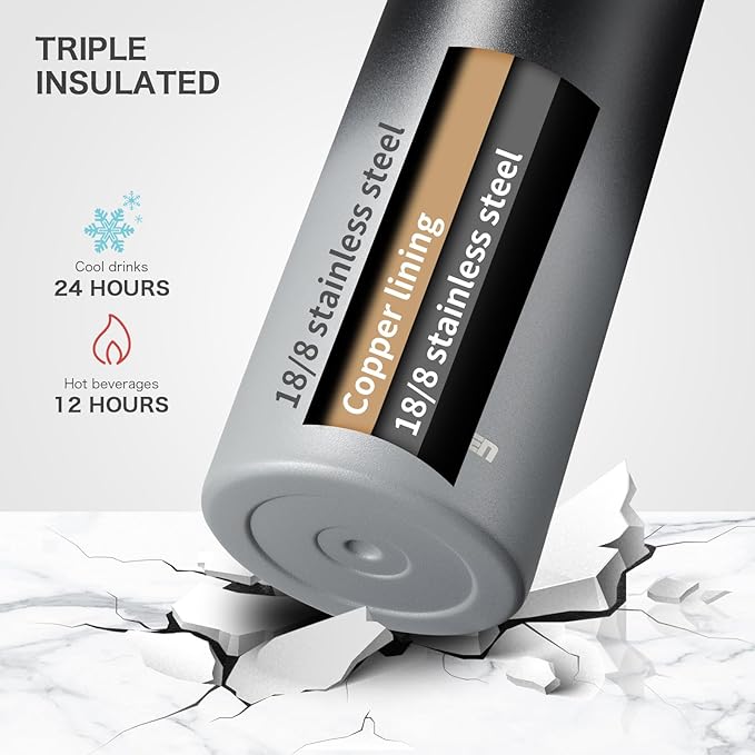 32 oz Insulated Water Bottle with Paracord Handles & Strap, 2 Lids(Straw Lid&Spout Lid), Stainless Steel Reusable Wide Mouth Metal Water Bottle With Straw, Double Walled, Thermo Mug(Black Gray)