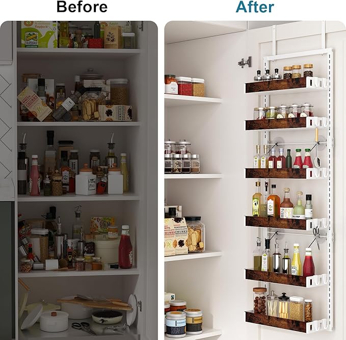 bukfen Over the Door Pantry Organizer, 6-Tier Adjustable Wooden Basket Kitchen Pantry Door Organization and Storage, Heavy-Duty Metal Hanging Kitchen Spice Rack,D6.3 x W17.71 x H50.60 inch,White