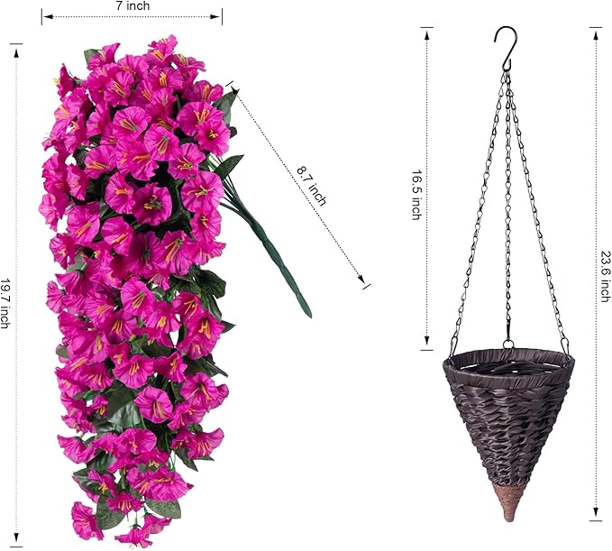 Artificial Fake Hanging Flowers Plants Baskets for Outdoor Outside Decoration, Faux Silk UV Resistant Realistic Fuchsia Morning Glory Planter for Home Porch Patio Balcony Garden Yard