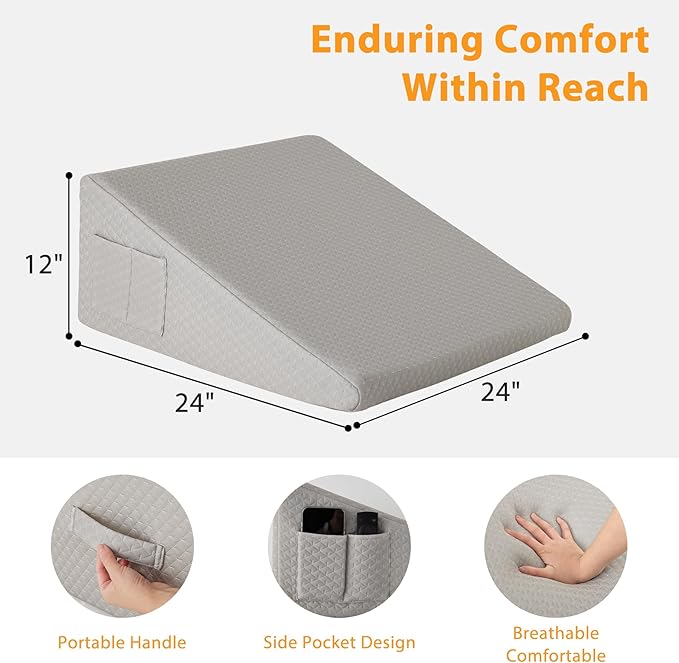Bed Wedge Pillow for Sleeping, 12" Wedge Pillows for After Surgery, Soft Memory Foam Top, Triangle Pillow Wedge, Body Positioners for Leg Elevation, Acid Reflux, Gerd, Snoring Relief, Grey