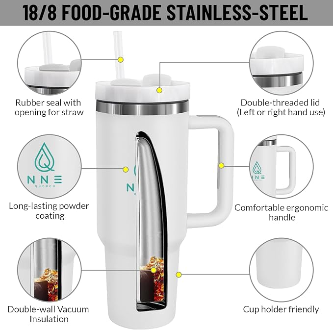 40oz stainless Steel Insulated Tumbler with Handle, lid and straw for cold water, Iced tea, or coffee - 100% Leak-Proof - Cupholder Friendly Travel Mug- Gifts for Women Men Him Her (white)