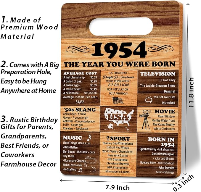 70th Birthday Gifts for Women Men Cutting Board, Gifts for 70 Year 0ld Woman, 70th Birthday Decorations, 1954 Birthday Gifts, 1954 The Year You Were Born Wall Art 8 x 12 Inch