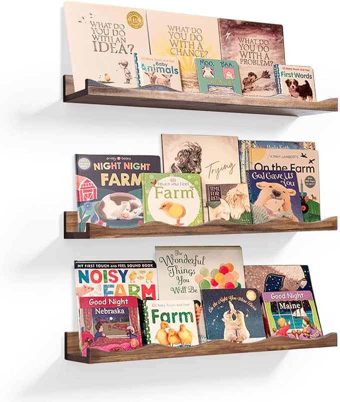 AZSKY Nusery Book Shelves for Kids, Picture Ledge Shelf for Wall Decor and Storage, Floating Photo Shelves with Lip for Picture Frames (Walnut, 23.6 Inches)