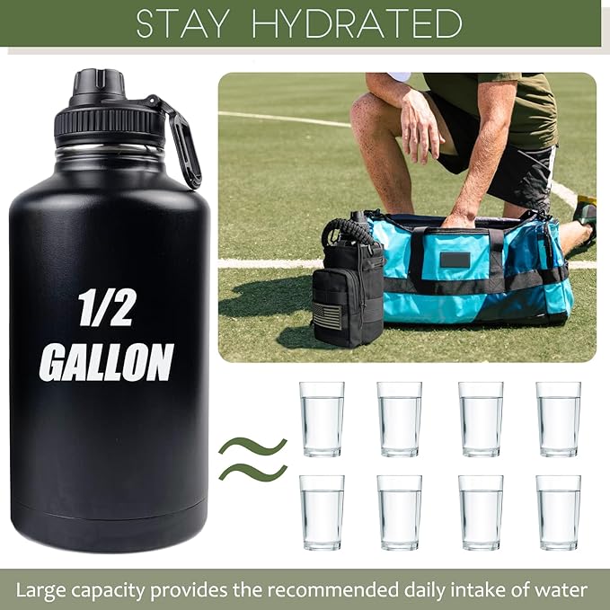 64 Oz Water Bottle with Sleeve - Half Gallon Big Insulated Water Jug with Strap Stainless Steel Gym Water Bottles for Men Sports Workout Hiking All Black