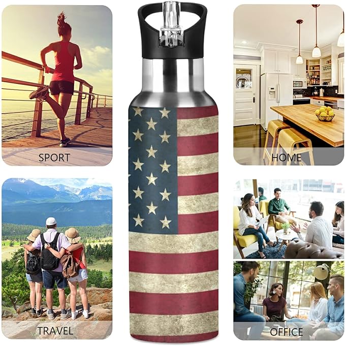 Blueangle 32oz Vintage American Flag Water Bottle, BPA Free Stainless Steel Water Bottle Leak-Proof Sports Bottle for Camping Workouts Gym and Outdoor Activity