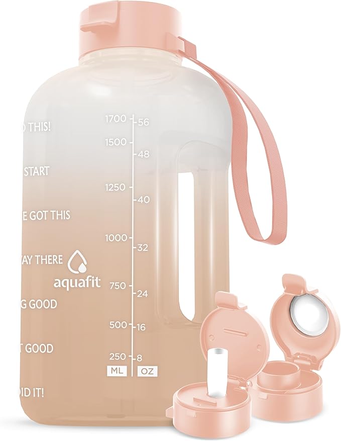 AQUAFIT 64 oz Water Bottle with Time Marker - BPA Free Half Gallon Water Bottle with Straw - Gym Water Bottle with Handle, Gallon Water Jug, Big Water Bottle, Large Water Bottle (Nude, 2 Lids)