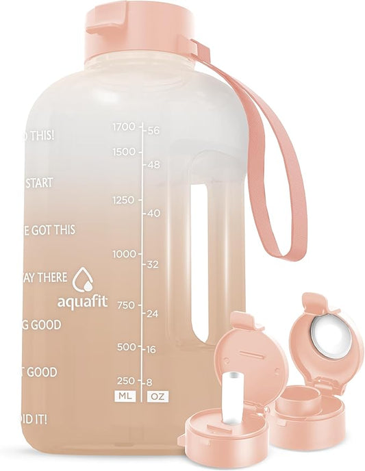 AQUAFIT 64 oz Water Bottle with Time Marker - BPA Free Half Gallon Water Bottle with Straw - Gym Water Bottle with Handle, Gallon Water Jug, Big Water Bottle, Large Water Bottle (Nude, 2 Lids)