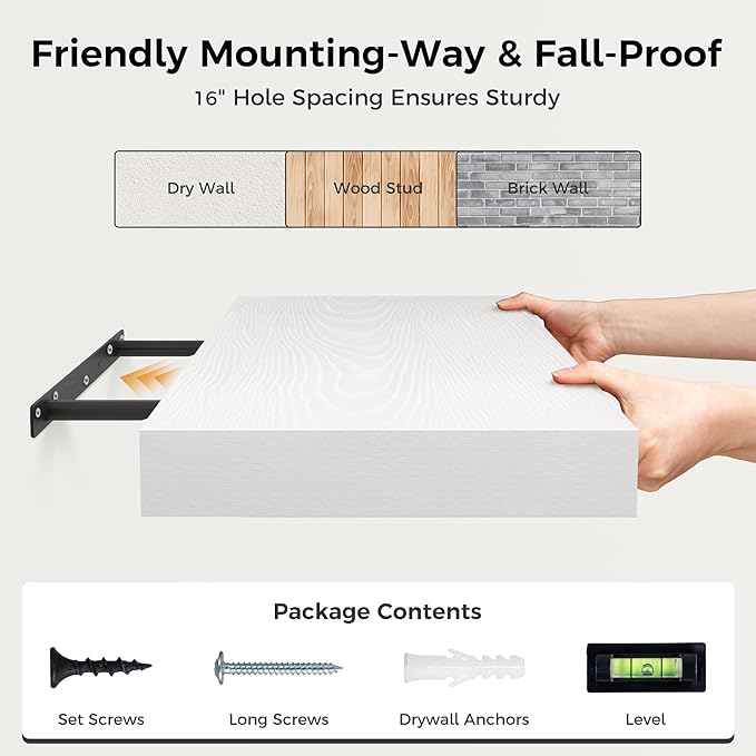 12 Inch Deep White Floating Shelves, 16 x 12 Floating Shelf for Books, Rustic Wood Deep Wall Shelves for Home Storage & Display, 2" Thicked Shelves for Kitchen, Living Room, Bedroom, 2 Pack