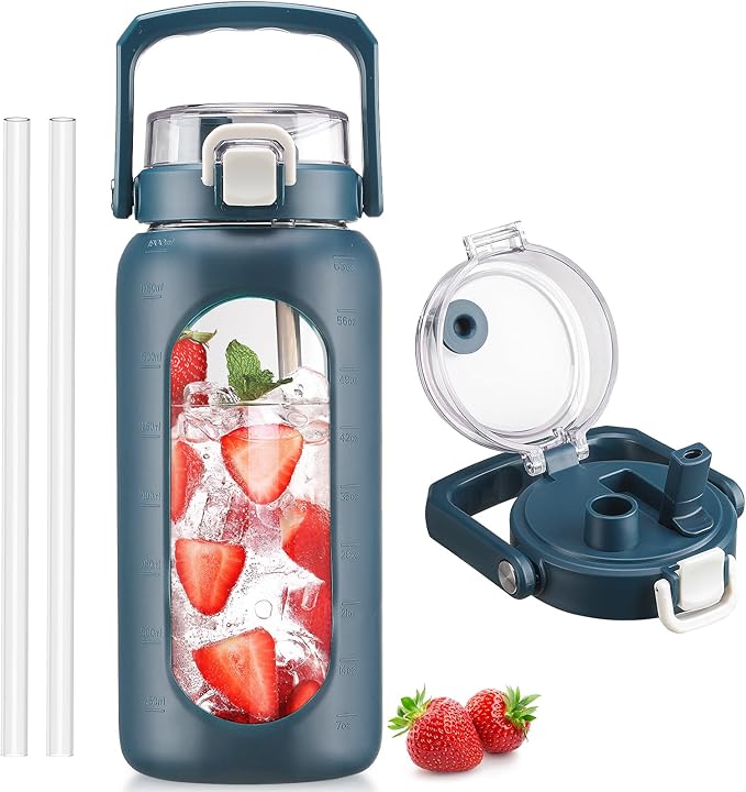 BLUEGO 64oz Glass Water Bottle with Handle and Straw, Motivational Sports Water Bottle with Time Marker and Silicone Sleeve Leakproof Drinking Bottle for Travel Gym Workout, Dark Blue
