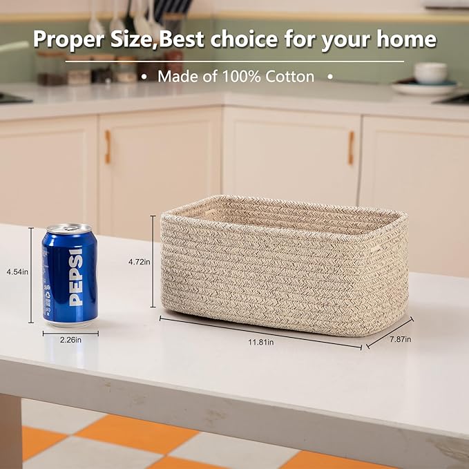 4 Pack Small Storage Shelf Baskets for Organizing, Mini Woven Rope Storage Bins for Towels, Cute Decorative Closet Organizer，Baby Nursery, Gift Empty Baskets -11.81''Lx7.87''Wx4.72''H'-Brown