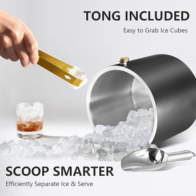 4L Ice Bucket with Silicone Lid, Scoop, Gold Tongs & Strainer, Stainless Steel Double Wall Insulated Ice Buckets for Parties & Cocktail Bar Outdoor Champagne Ice Container Bin, Black