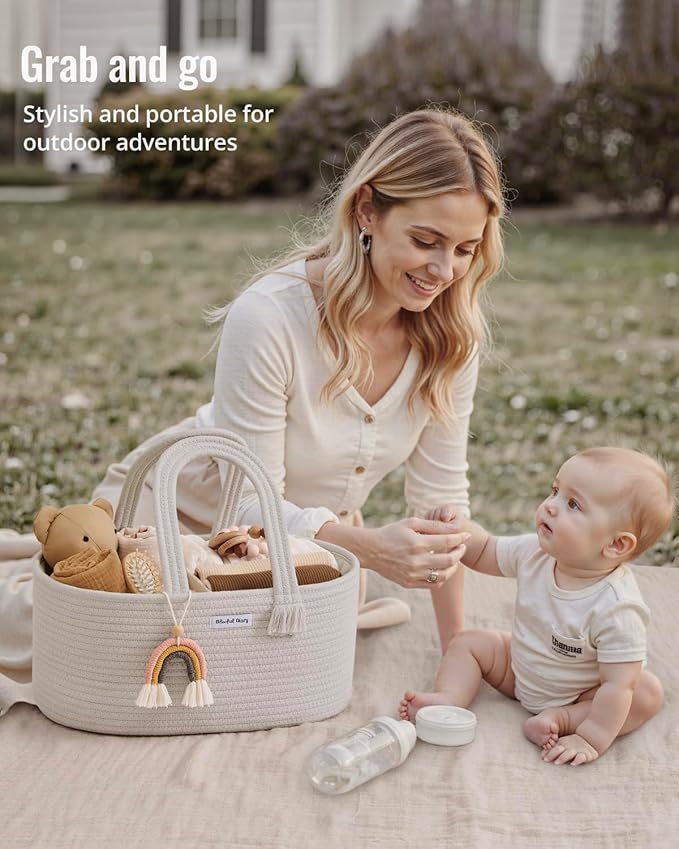 Blissful Diary Baby Diaper Caddy Organizer, Cotton Rope Diaper Caddy Basket, Oval Storage Basket, Gift for Baby Shower, Newborn Essentials, Beige