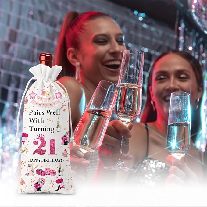 21st Birthday Gifts for Her Him Wine Bag, 21 Year Old Birthday Gifts for Her, Happy 21st Birthday Party Decorations for Her Him, Pairs Well with Turning 21 Wine Bags (White Pink)