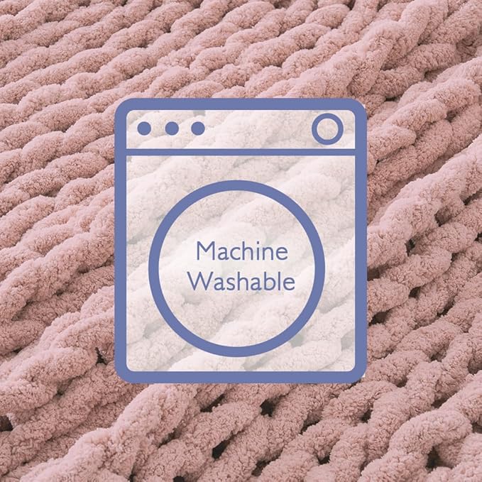 Bigacogo Chunky Knit Throw Blanket for Couch, 60x80 inches, 100% Hand Knitted with Thick Jumbo Chenille Yarn, Cozy Soft Large Rope Knot Cable Crochet Blankets for Sofa Bed Living Room, Dusty Pink