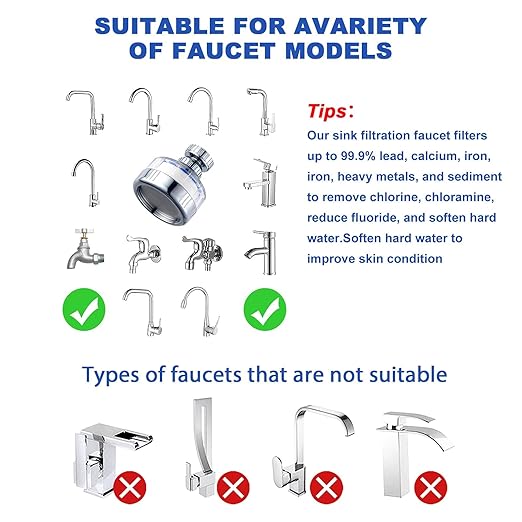 3Pack Sink Filter Water Faucet,360 ° Rotating Bathroom Sink Faucet Filter,Kitchen Tap Water Filter,Removes Heavy Metals Hard Water with 6 Replacement Filter