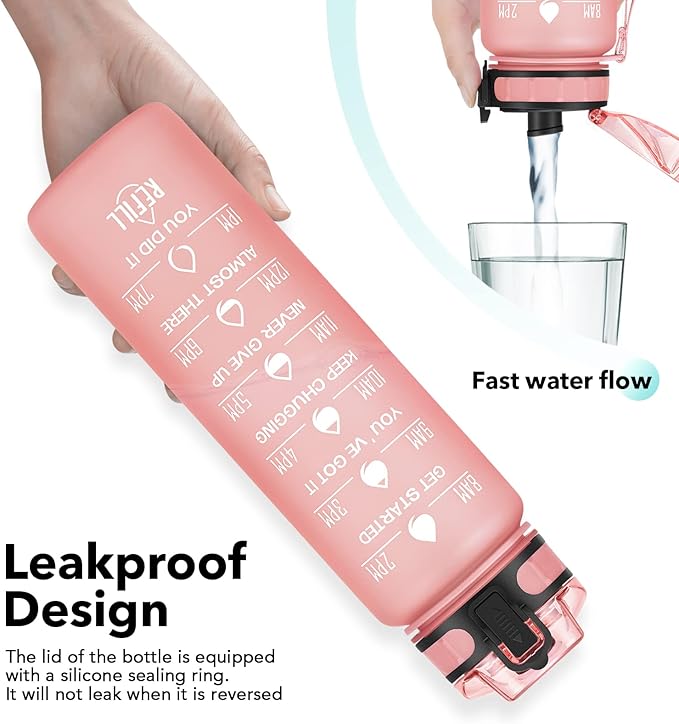 32oz Motivational Water Bottle with Time Marker & Fruit Strainer, Leak-proof BPA Free Non-Toxic 1l Bottle with Carrying Strap, Perfect for Fitness, Gym and Outdoor Sports (Rose Quartz)