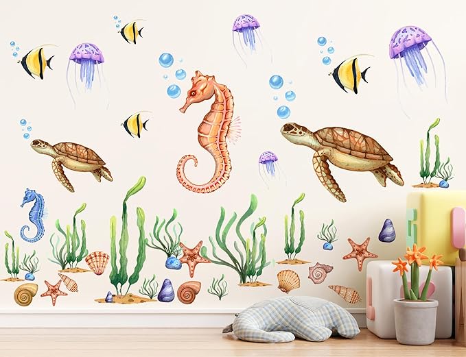 4 Sheets Ocean Animals Wall Decals Under The Sea World Wall Decals Removable DIY Turtles Seahorses Jellyfish Fish Seaweed Decor for Kids Bedroom Bathroom Living Room Playroom Kitchen Decoration