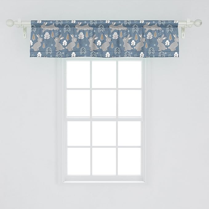 Ambesonne Bunny Window Valance, Continuous Pattern Trees and Rabbits Snowflakes, Curtain Valance for Kitchen Bedroom Decor with Rod Pocket, 42" x 12", Blue Grey Pale Taupe