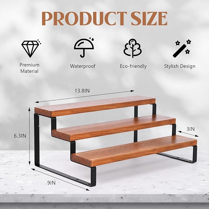 3 Tier Wooden Display Riser Stand Perfume Organizer with Metal Stand, Dessert Table Display Set, Food Display Stands for Party, Brown Rustic Solid Wood Shelf for Cupcakes, Perfume, Cologne, Spiece