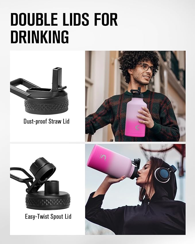 64oz Insulated Water Bottle, Coolplus Half Gallon Water Jug With Straw Stainless Steel Double-Walled Vacuum Metal Large Flask With Carry Sleeve Bpa-Free Leakproof, Keep Cold 48 Hrs, Pink