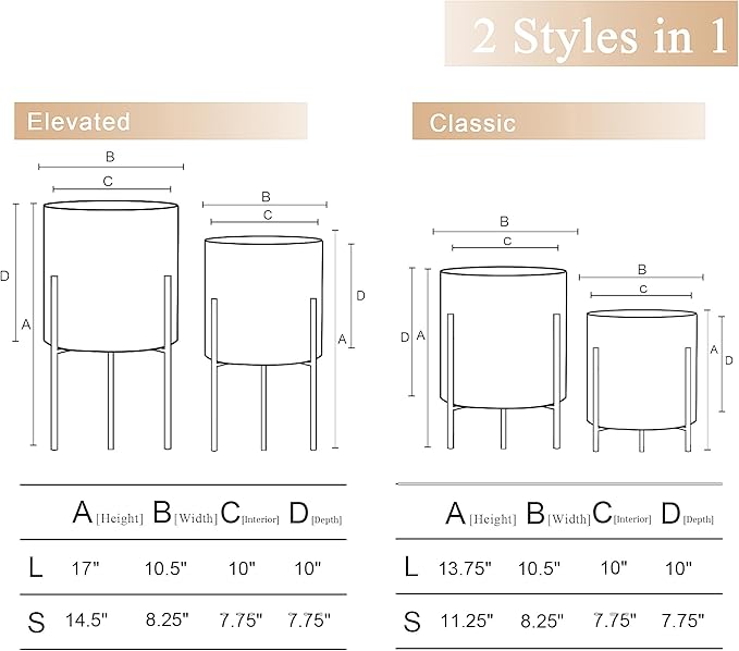 ARNIS Plants Pots with Stand, Set of 2 P lanters, Unique Mid Century Decorative Metal Flower Pots with Drainage, 8.25 & 10.5 Inch, White and Gold