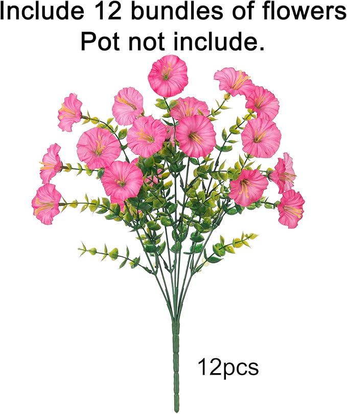 Artificial Flowers for Outdoors Fake Plants Outside Decoration, 12 Bundles Silk Pink Morning Glory with Eucalyptus UV Resistant Look Real Faux Flowers for Planter Front Door Yard Gardens Home