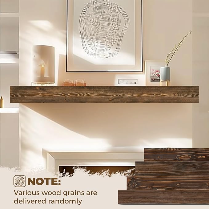 60x8x3 Fireplace Mantel - Handcrafted Hollow Rustic Solid Wood Wall Mounted Floating Shelf with Invisible Heavy Duty Wood Bracket (Weathered Brown)