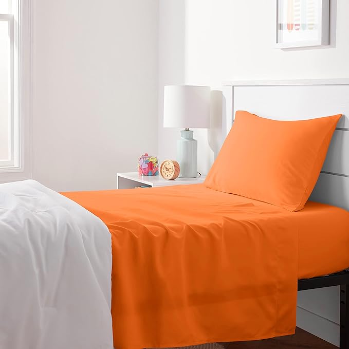 Amazon Basics Kid's Soft Easy-Wash Lightweight Microfiber 3-Piece Sheet Set, Toddler, Bright Orange, Solid