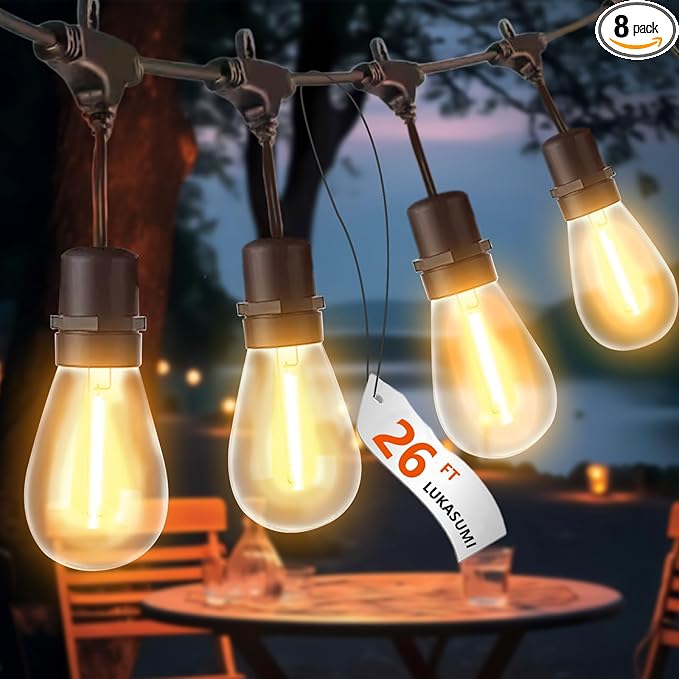 26 Ft LED Outdoor String Lights, Connectable Patio with 8Pcs Waterproof Vintage Edison Bulbs for Backyard, Balcony, Bistro Camping Outdoor Lighting