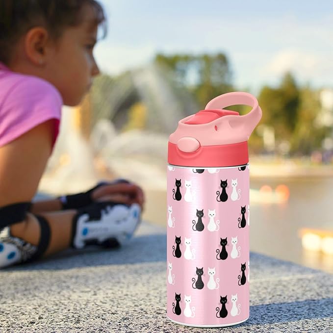 Black White Cat Kids Water Bottle with Straw Pink Insulated Stainless Steel BPA-Free Sport Bottles for Boys Girls Toddlers 12 oz Lid