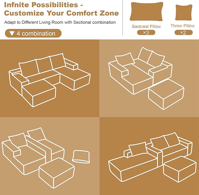 108" Sectional Couches for Living Room Modern Modular Sofa with L-Shape Couchs Upholstered Boneless Couch Deep Seat Sectional Couch with Chaise (Black, Right Facing Chaise+2Seaters+1Ottoman)