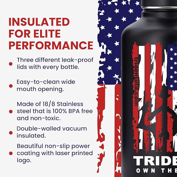 American Flag 64 oz Water Bottle, Reusable Water Bottle with Straw, Leak Proof Water Bottles, 64oz Insulated Water Bottle, Thermos Water Bottle - Retired Navy Combat Vet Small Business (Black, 64 Oz)