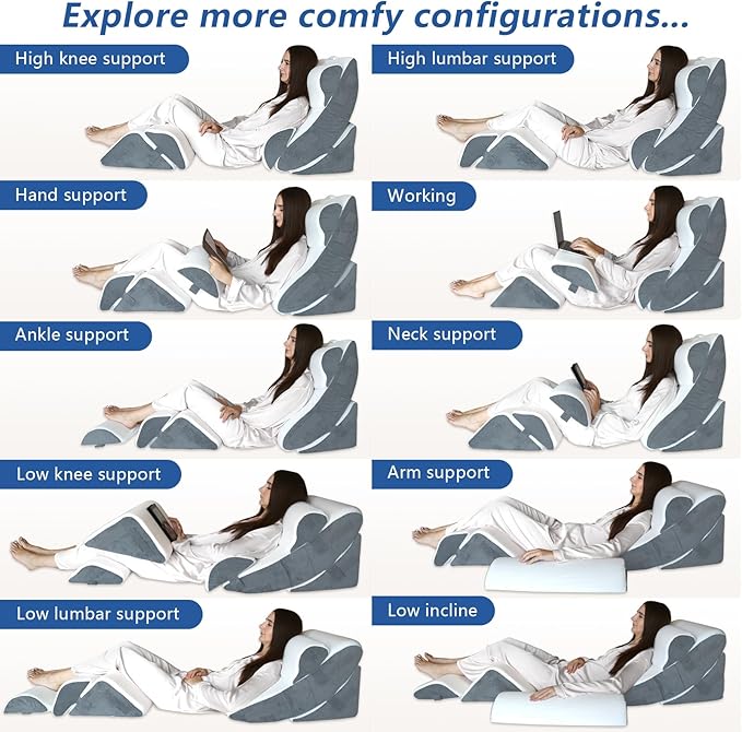 6PCS Orthopedic Bed Wedge Pillow for Sleeping, Gel Memory Foam Post Surgery Pillow Set for Back, Neck, Leg Support, Acid Reflux, Gerd, Anti Snoring, with Washable Cover & Travel Bag (White, 20'' Wide)