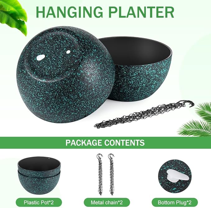 13 inch Hanging Planters for Indoor Plants, 2 Pack Planters for Outdoor Plants with Drainage Holes and Chain, Round Plastic Hanging Baskets, Hanging Flower Pots for Balcony Garden-Black Speckle