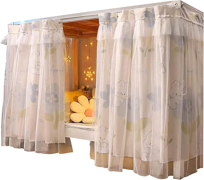 Beautiful Gauze Bunk Bed Curtains Drapes with Lace Privacy Bed Canopy for Bottom, 2 Panels, Whiterabbit