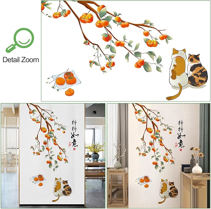 Amaonm Removable 3d Orange Persimmon With Tree Branch wall sticker Cat Falling Leaf Wall Decals Chinese Quotes "Everything is going well" for Kids Girls Boys Bedroom Living Room Nursery Classroom Playroom Wall Background Decoration