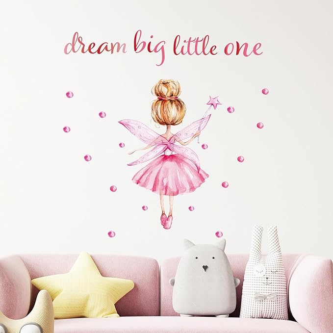 Back of Little Ballerina Wall Decals for Girls Bedroom Princess Wall Stickers Pink Kids Room Decor Decoration Watercolor Wall Murals Peel and Stick for Playroom Classroom Living Room Nursery
