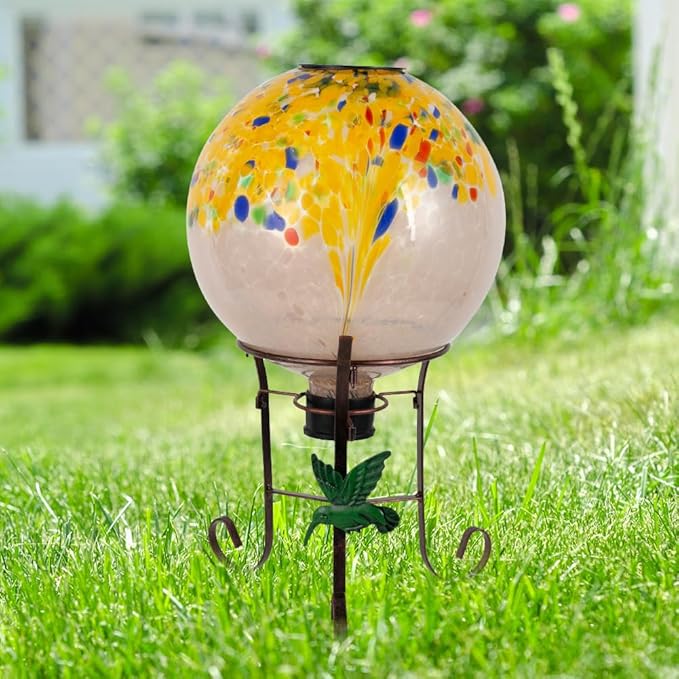 10" Diameter Solar Gazing Ball and 8.5" Metal Stand Indoor Outdoor Yard Art Ornament Coloful Spot Glass Globe Sphere Solar Gazing Balls for Garden,Lawn,Porch,Patio Birthday Gifts for Women,Mom