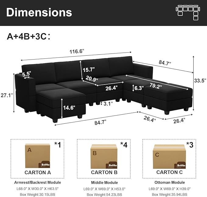Belffin Modular Sectional Sofa U Shaped Sectional Couch with Reversible Chaises Velvet Modular Sofa with Storage Seat Black