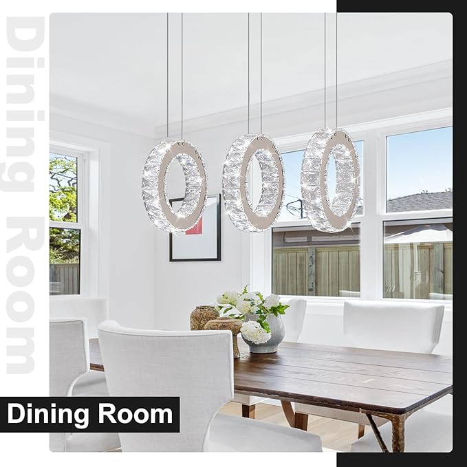 Buccleuch 3-Ring Crystal Chandelier, Dimmable LED Pendant Light Fixture Adjustable Stainless Steel Pendant Light, Silver Crystal Chandeliers for Dining Room, Bedroom, Living Room