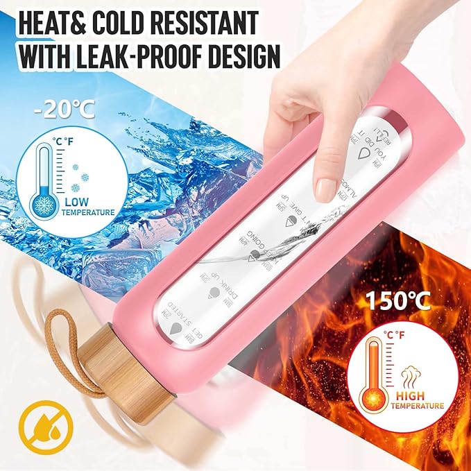 Aqulea Glass Water Bottles 25 Oz with Silicone Sleeve - BPA Free Reusable Wide Mouth Glass Motivational Water Bottles with Fruit Infuser – Leak Proof Borosilicate Water Bottle with Time Marker (Pink)