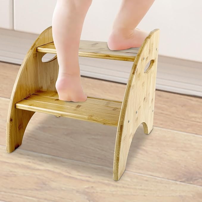 Bamboo Step Stool, 12 Inches Tall, Non-Slip Steps & Handrails, Sturdy Sustainable Bamboo, for Bathroom, Kitchen, Bedroom