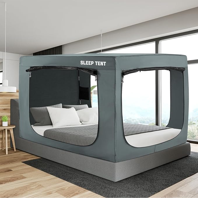 BORNA Bed Tent Full Bed Canopy for Indoor Portable Light Reducing Sleeping Canopy for Kids and Adult,Bunk Blackout Tents Breathable Privacy Space Tent Mosquito Netting for Bed(Pale Gray)