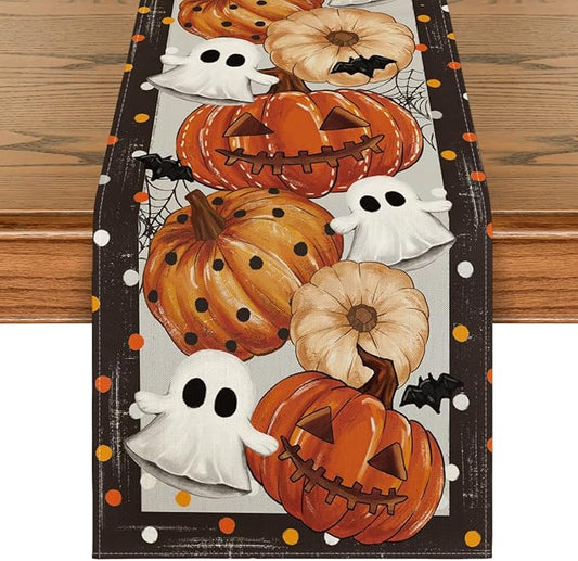 Artoid Mode Jack-O'-Lantern Pumpkin Ghost Spider Web Halloween Table Runner,Holiday Kitchen Dining Table Decoration for Home Party Decor 13 x 48 Inch