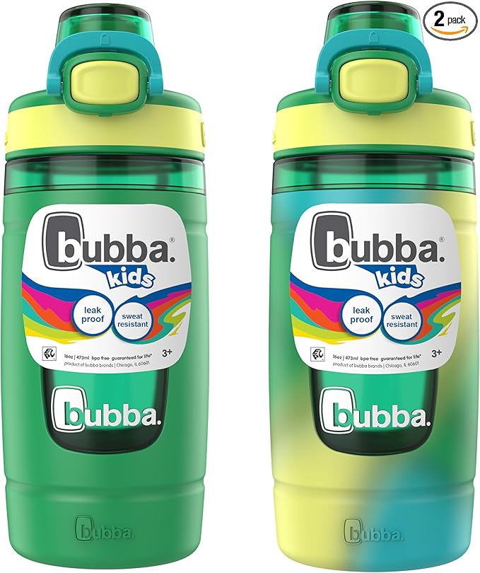 Bubba Kids Flo Silicone Sleeve and Wide Mouth, 16oz, 2-Pack Water Bottle, Medium, Fresh Fern Tie Dye; Fresh Fern
